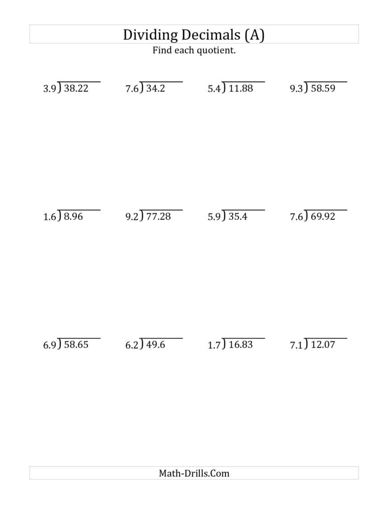 The Dividing Decimals By 2 Digit Tenths A Math Worksheet From The 