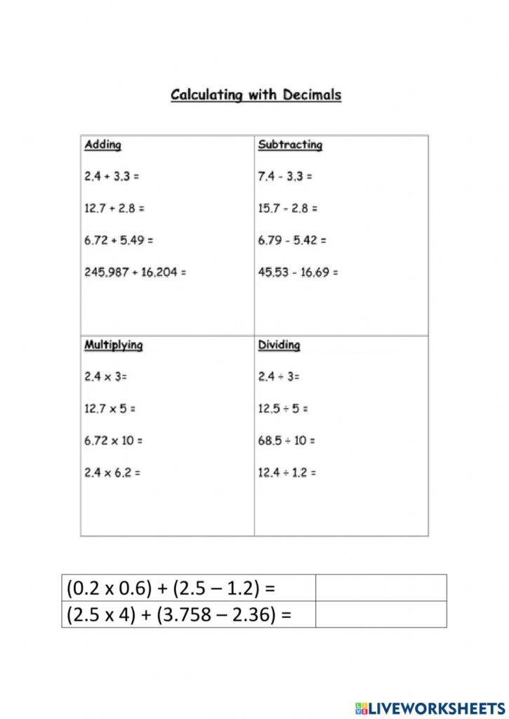The Four Operations On Decimals Worksheet