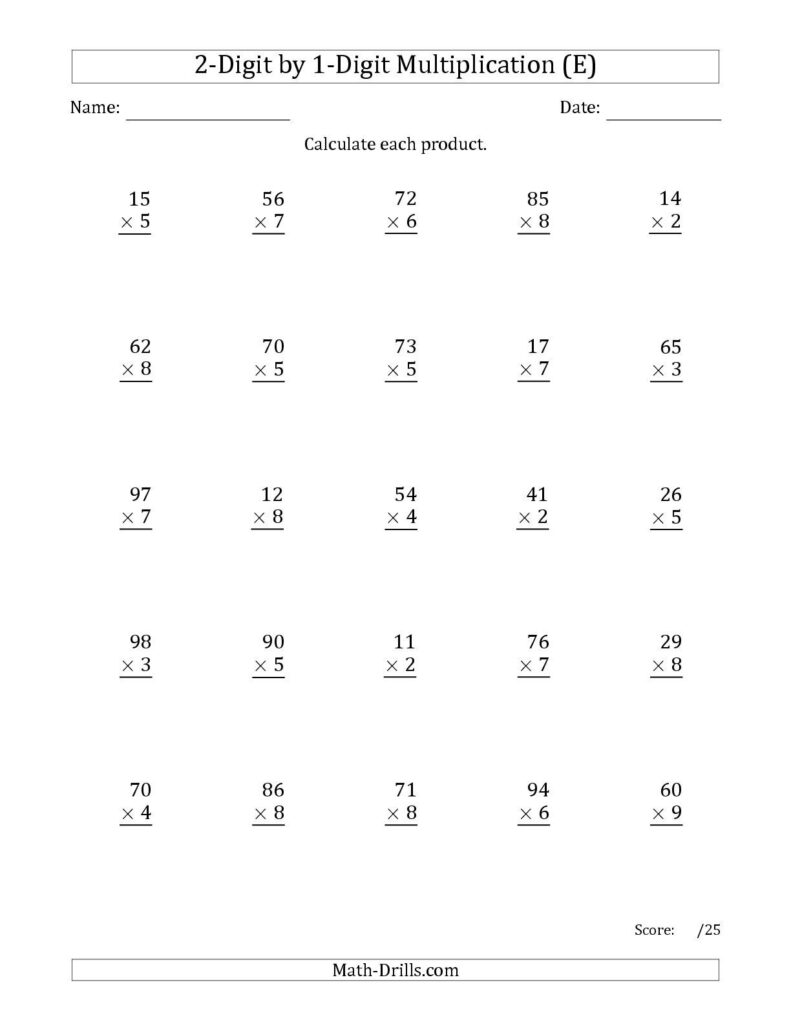 The Multiplying 2 Digit By 1 Digit Numbers E Math Worksheet From The 