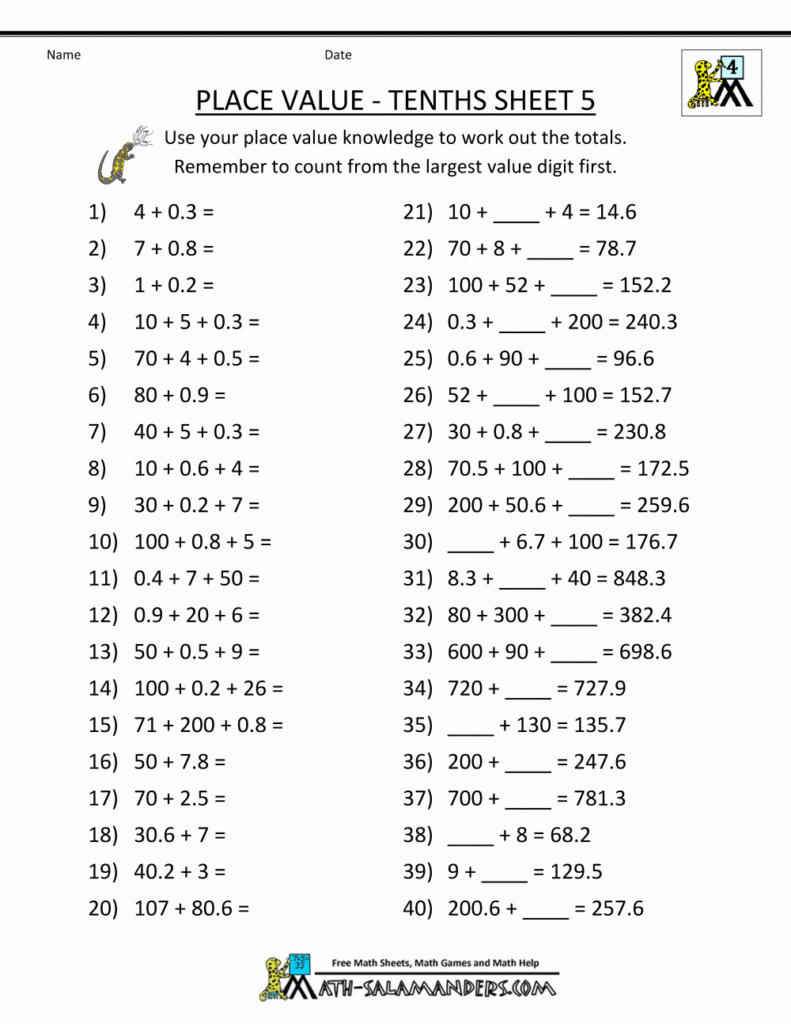 To The Tenths And Hundredths Decimal Place Value Worksheets Free 