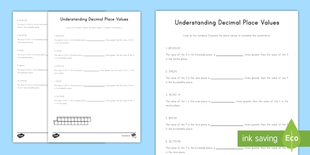 Understanding Decimal Place Value Worksheet