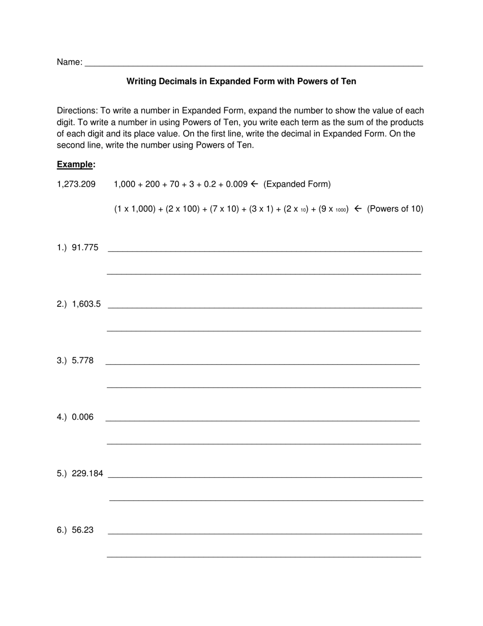 Writing Decimals In Expanded Form With Powers Of Ten Worksheet Download 