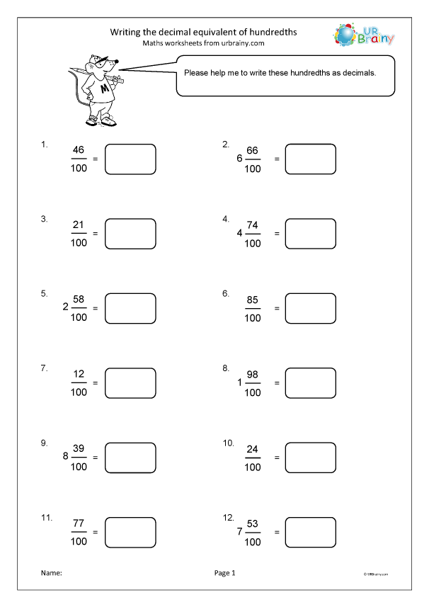 Writing The Decimal Equivalent Of Hundredths Fraction And Decimal 