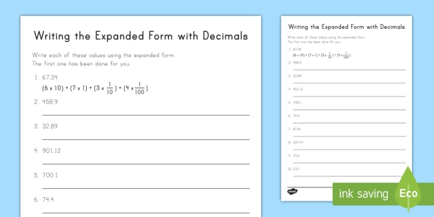 Writing The Expanded Form With Decimals Worksheet Activity