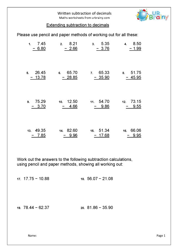 Written Subtraction Of Decimals Subtraction Maths Worksheets For Year