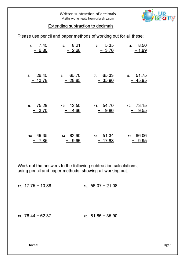 Written Subtraction Of Decimals Subtraction Maths Worksheets For Year 