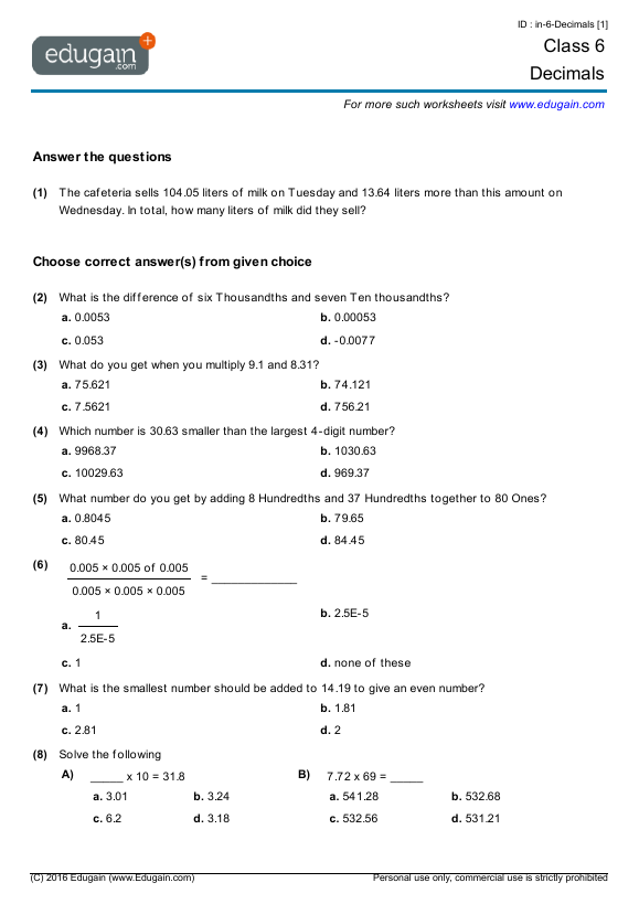Year 6 Decimals Math Practice Questions Tests Worksheets