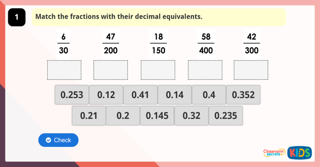 Year 6 Fractions To Decimals 2 Classroom Secrets Kids